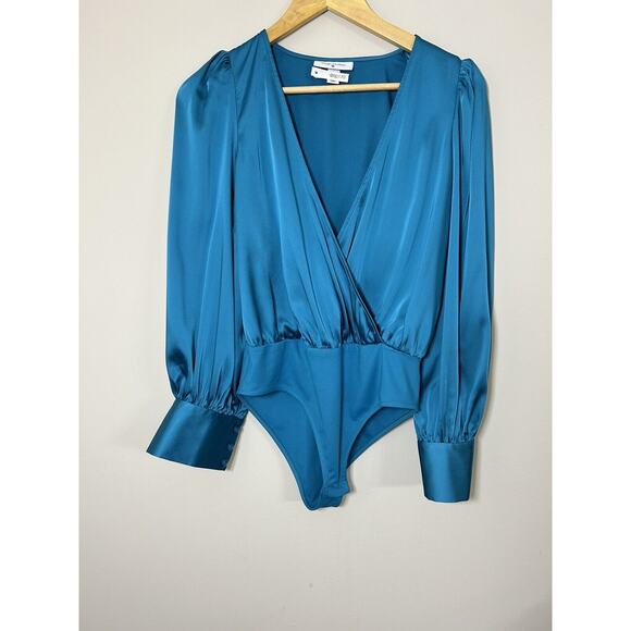 Sergio Hudson Teal Crossover Satin Bodysuit Womens Long Sleeve Blouse Sz XS - Picture 2 of 10